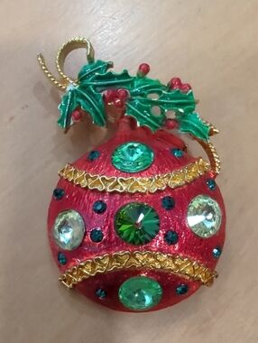 Red and Green Jeweled Christmas Ornament Brooch